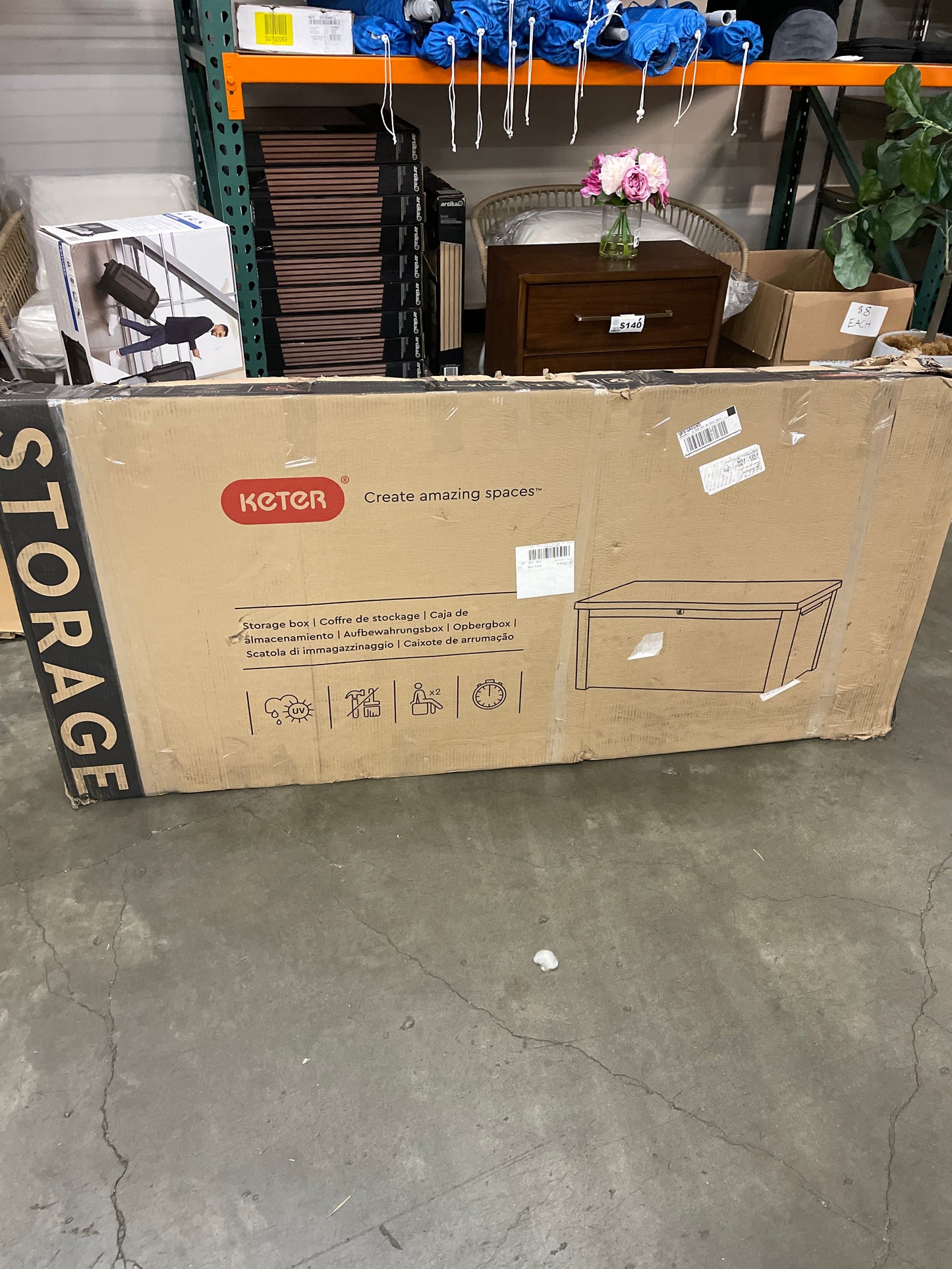 Keter Outdoor Storage Deck Box, 150 Gallon Resin Patio Bin & Bench, Solid, Dark Grey - Retail $160