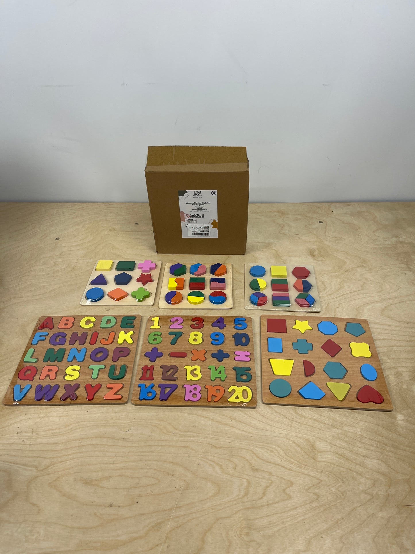 Wooden Number Alphabet Blocks (6 Pc) - Multicolor, Safe Pre-School Child Puzzles, Real Wood (3+ Age)