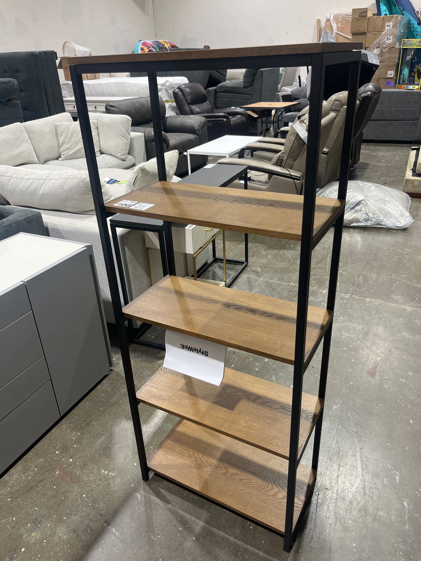 58 in. Black Metal/Haze Wood Finish 5-shelf Accent Bookcase with Open Back