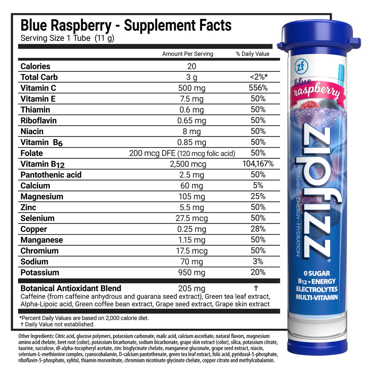 Zipfizz Multi-Vitamin Energy Hydration Drink Mix, 30 Tubes, Blueberry Raspberry
