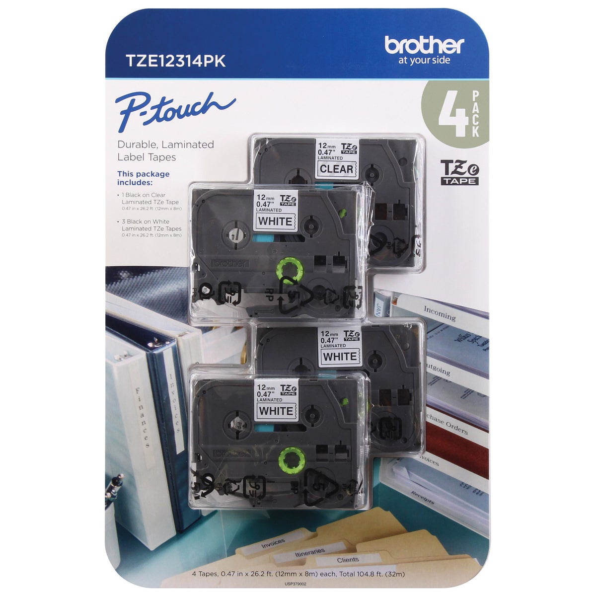Brother P-Touch Label Tape, 1/2"W x 26.2'L, 4-Count