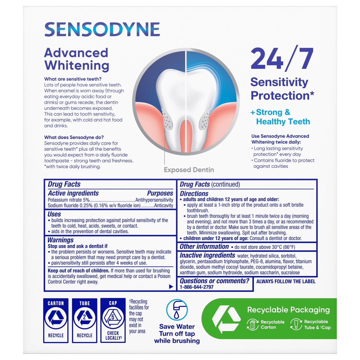 SENSODYNE Advanced Whitening Toothpaste, 6.5 oz, 4-pack