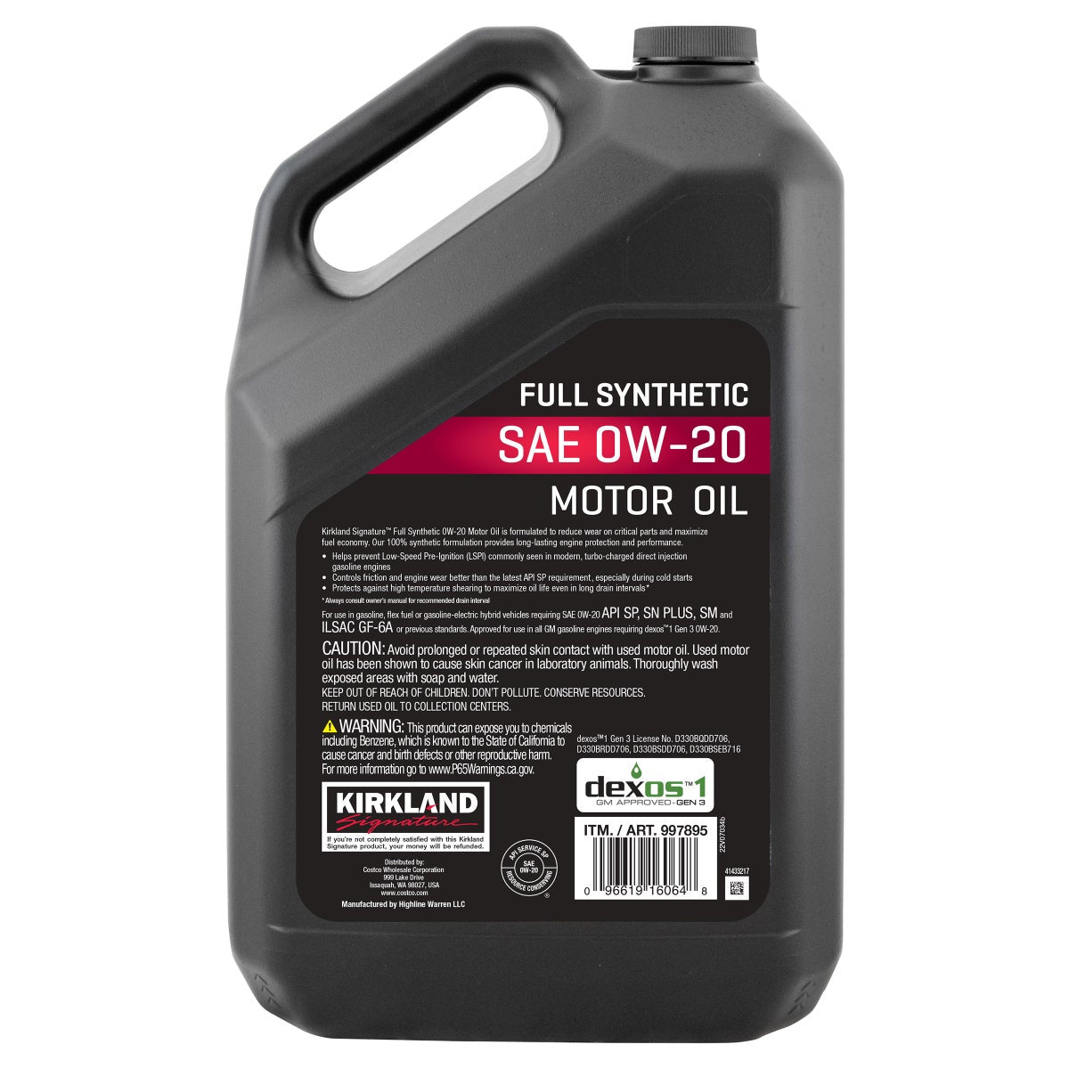 Kirkland Signature 0W-20 Full Synthetic Motor Oil 5-quart, 2-pack - Retail $35