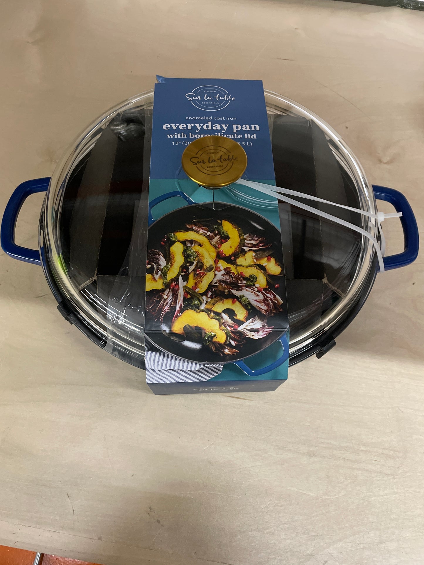 Sur La Table Kitchen Essentials 3.75 Quart Enamel Cast Iron All In One Multi-Purpose Non-Toxic Nonstick Braiser Pan W/Borosilicate Glass Lid - Blue - Retail $60