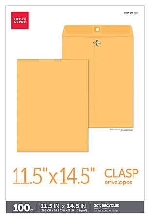 Office Depot® Brand Manila Envelopes, 11-1/2" x 14-1/2", Clasp Closure, Brown Kraft, Box Of 100