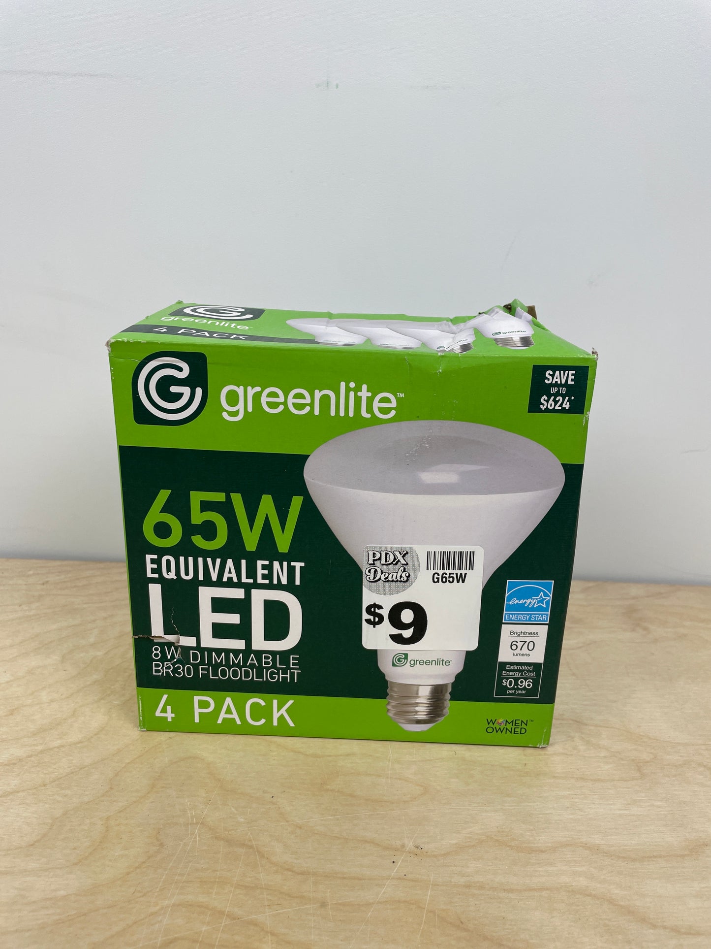 Greenlite LED BR30 Light Bulb, 65W = 8W, Dimmable, 670 Lumens, 3000K, Bright White - 4 Pack - Retail $19