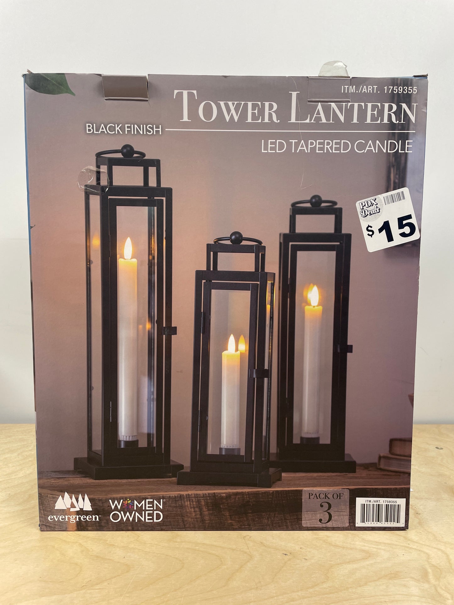 Tower Lantern 3 Pack LED Tapered Candle, Black Finish