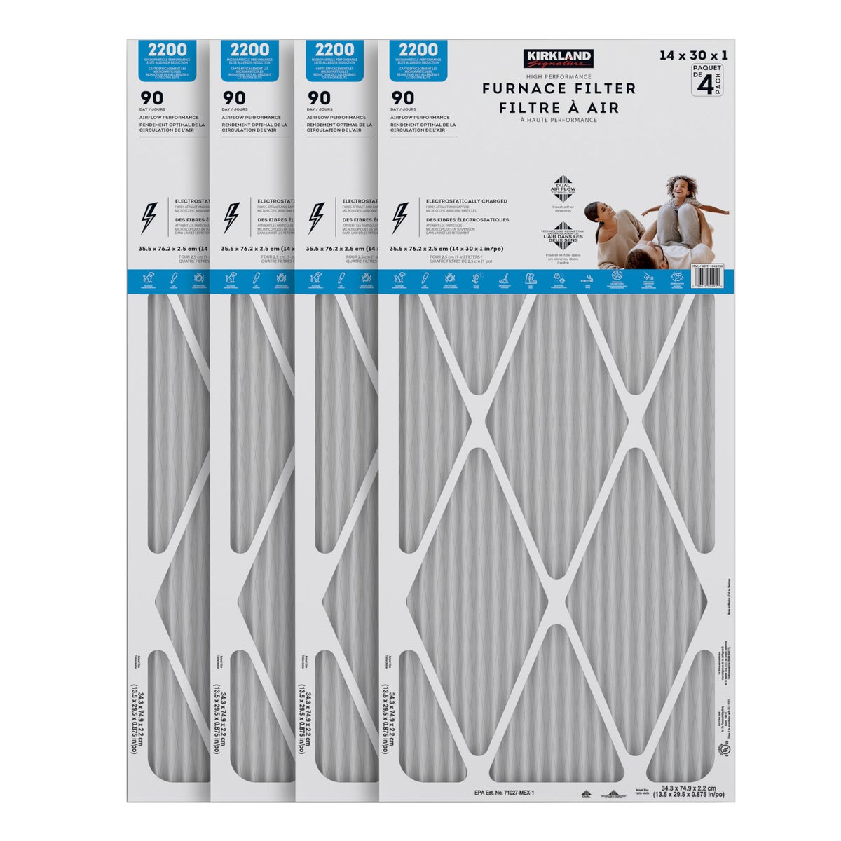 Kirkland Signature 14 x 30 x 1 2200 High Performance Furnace Filters, 4-pack