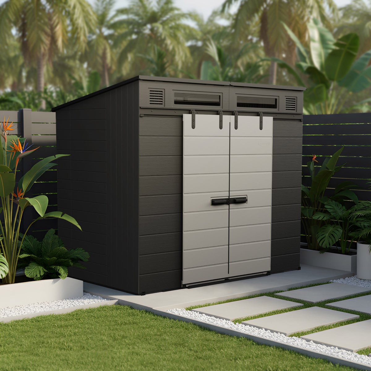 NEW - Suncast Modernist 8'x7' Dual Barn Door Storage Shed