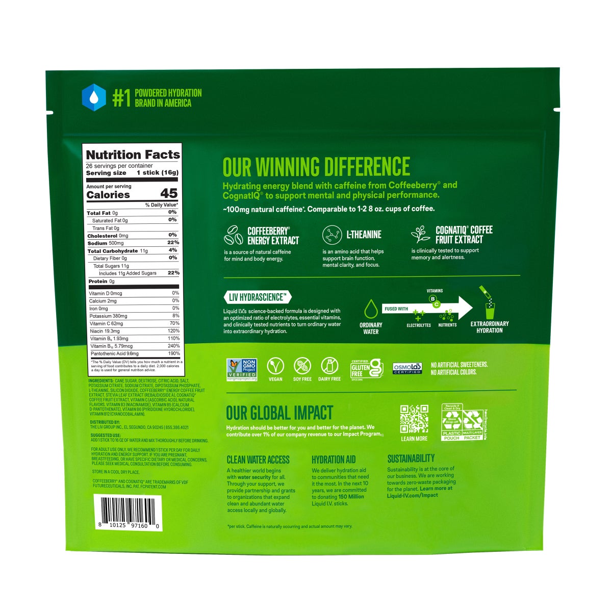 Liquid I.V. Energy Multiplier, 26 Individual Serving Stick Packs in Resealable Pouch, Blackberry Peach