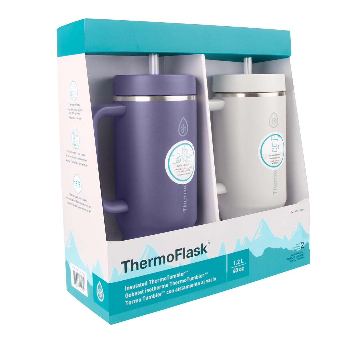 ThermoFlask 40 oz Insulated Stainless Steel Tumbler with Handle and Straw Lid, 2-pack