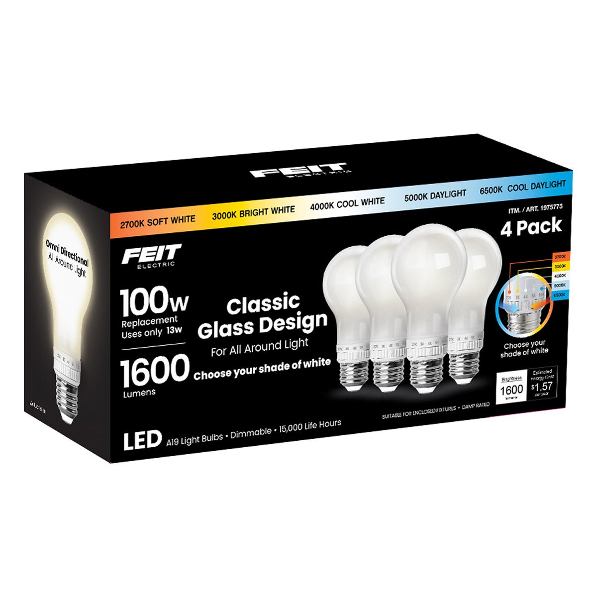 Feit Electric 100W Replacement 5-CCT LED Classic Glass A19 Bulbs, 4-pack