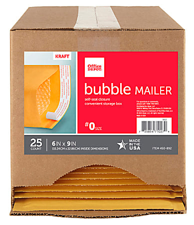 Office Depot® Brand Self-Sealing Bubble Mailers, Size 0, 6" x 9", Pack Of 25