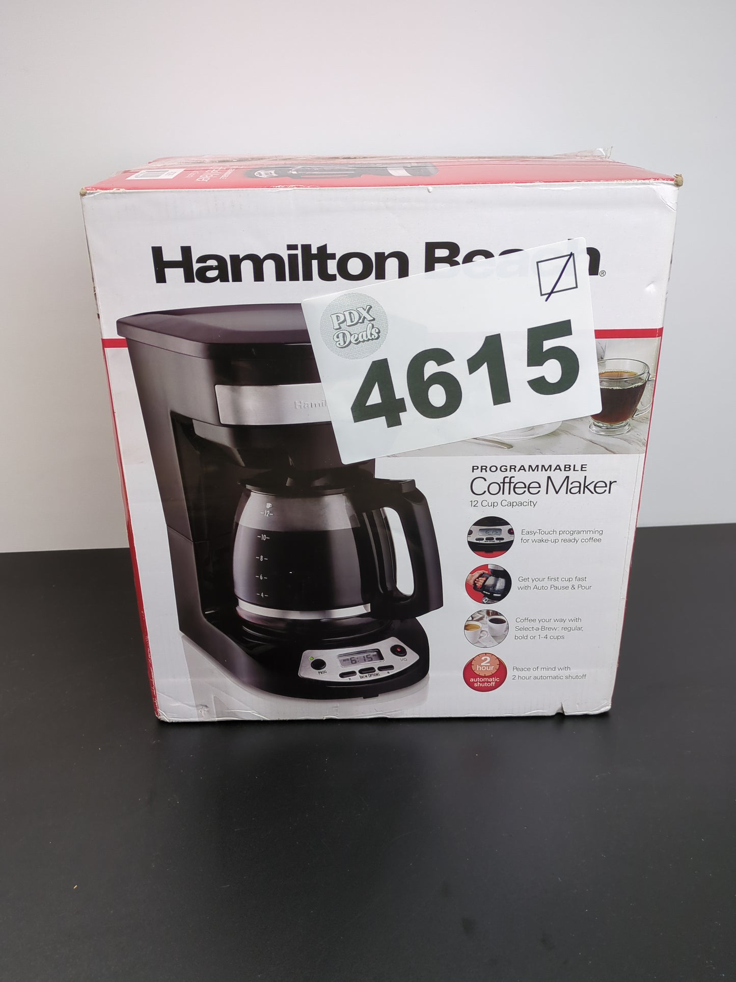 Hamilton Beach 12 Cup Programmable Drip Coffee Maker with 3 Brew Options, Glass Carafe, Auto Pause and Pour, Black with Stainless Accents (46299) - Retail $39