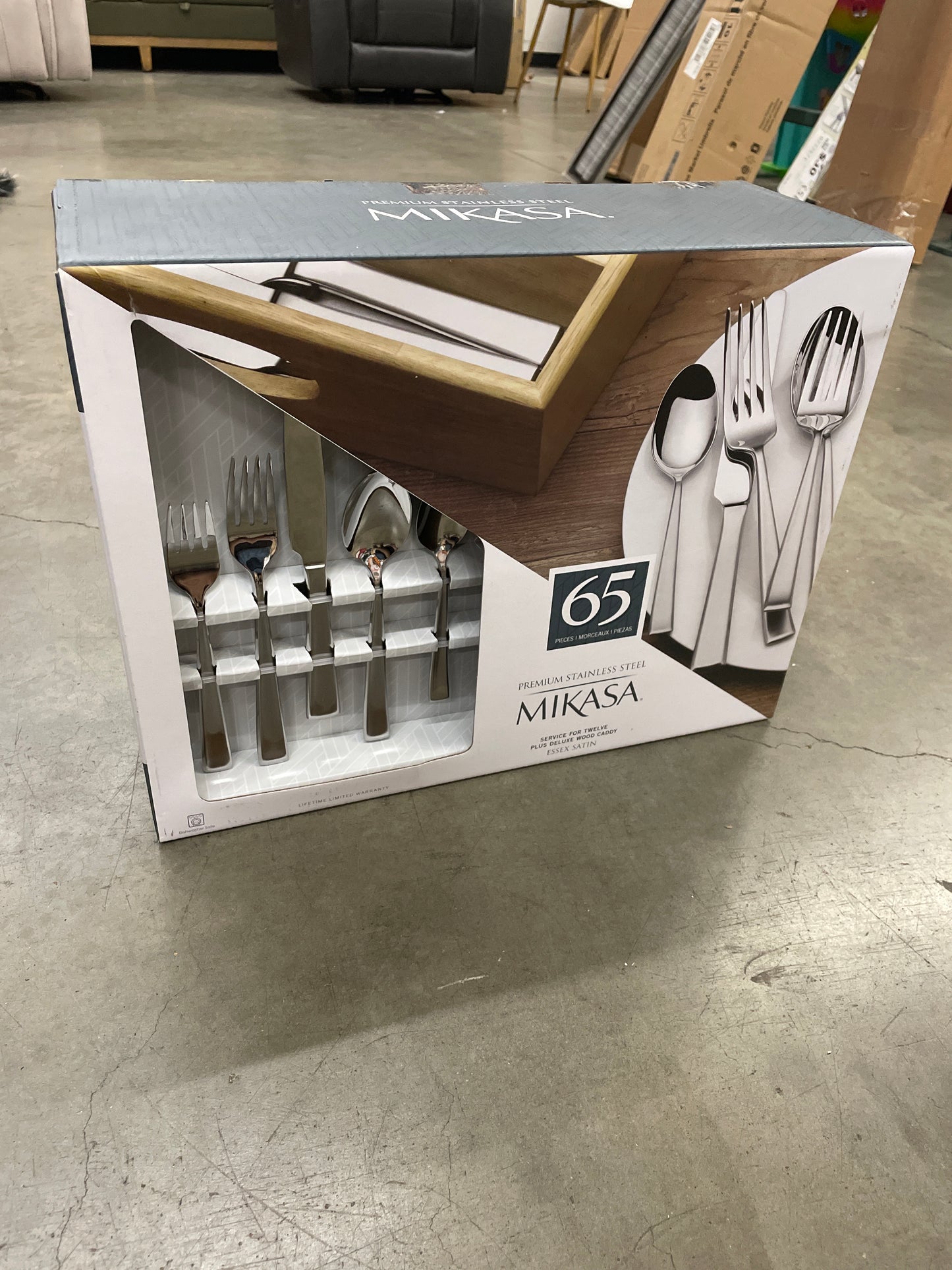 Mikasa Essex Satin 65-Piece Stainless Steel Flatware Set with Wood Caddy - Retail $140