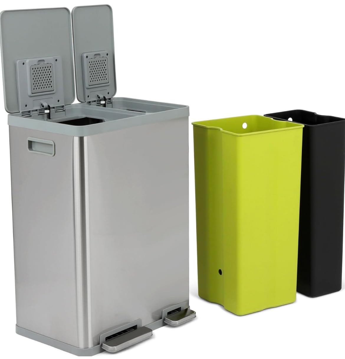 Simpli-Magic 60 Liter / 16 Gallon Rectangular Hands-Free Dual Compartment Recycling Kitchen Step Trash Can with Soft-Close Lid, Brushed Stainless Steel (38L x 22L Capacity)