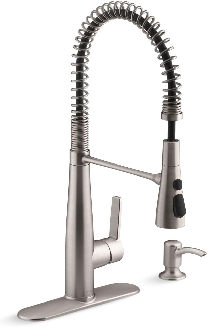 NEW - KOHLER K-R22745-SD-VS Semi-Professional Kitchen Faucet with Soap Dispenser/Lotion Dispenser, Commercial Kitchen Sink Faucet with Pull-Down Sprayhead, Vibrant Stainless - Retail $306