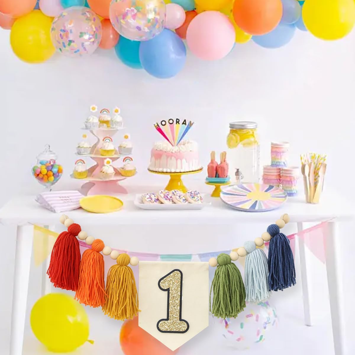 Handmade Rainbow 1st Birthday HighChair Banner Colorful Party Decoration For Girls Boys Baby Shower Kids Bedroom