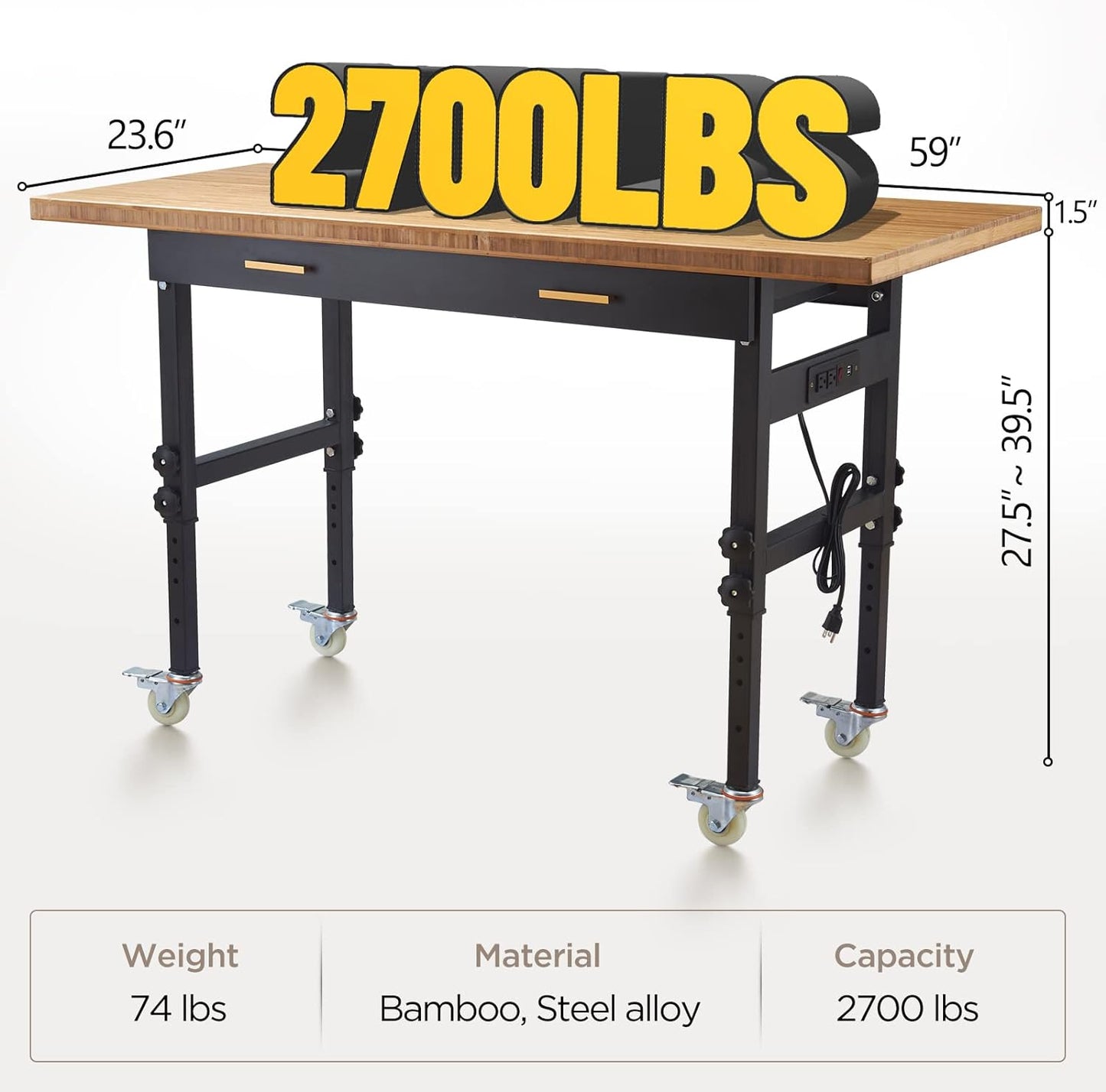 NEW - Workbench for Garage Workbench with Drawer Garage Workbench with Height Adjust with Power Outlet with Wheels 59" x 23.6" 1.5" Thick Bamboo Top 2700lbs Capacity Workbench for Home - Retail $499