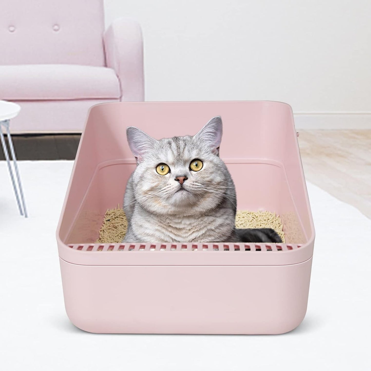 Sfozstra Open High-Sided Litter Box: Pink Medium Anti-Scatter Design - Self-Cleaning Sifting Tray - Low Tracking for Small Cats