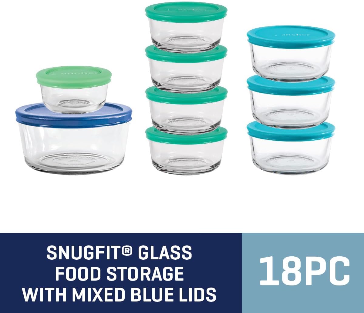 Anchor Hocking 18 Piece Glass Storage Containers with Lids (9 Glass Food Storage Containers & 9 Mixed Blue SnugFit Lids)