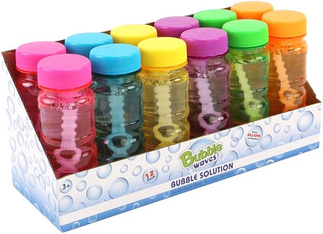 Big Bubble Bottle 12 Pack - 4oz Blow Bubbles Solution Novelty Summer Toy - Activity Party Favor Assorted Colors Set