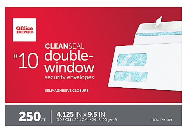 Office Depot® Brand #10 Security Envelopes, Double Window, 4-1/8" x 9-1/2", Clean Seal, White, Box Of 250