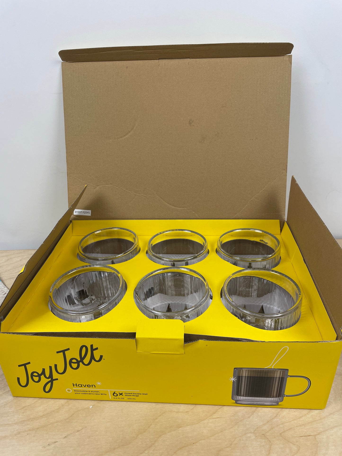 JoyJolt Haven 13.5 oz Fluted Stackable Double Wall Glass Mugs, Set of 6