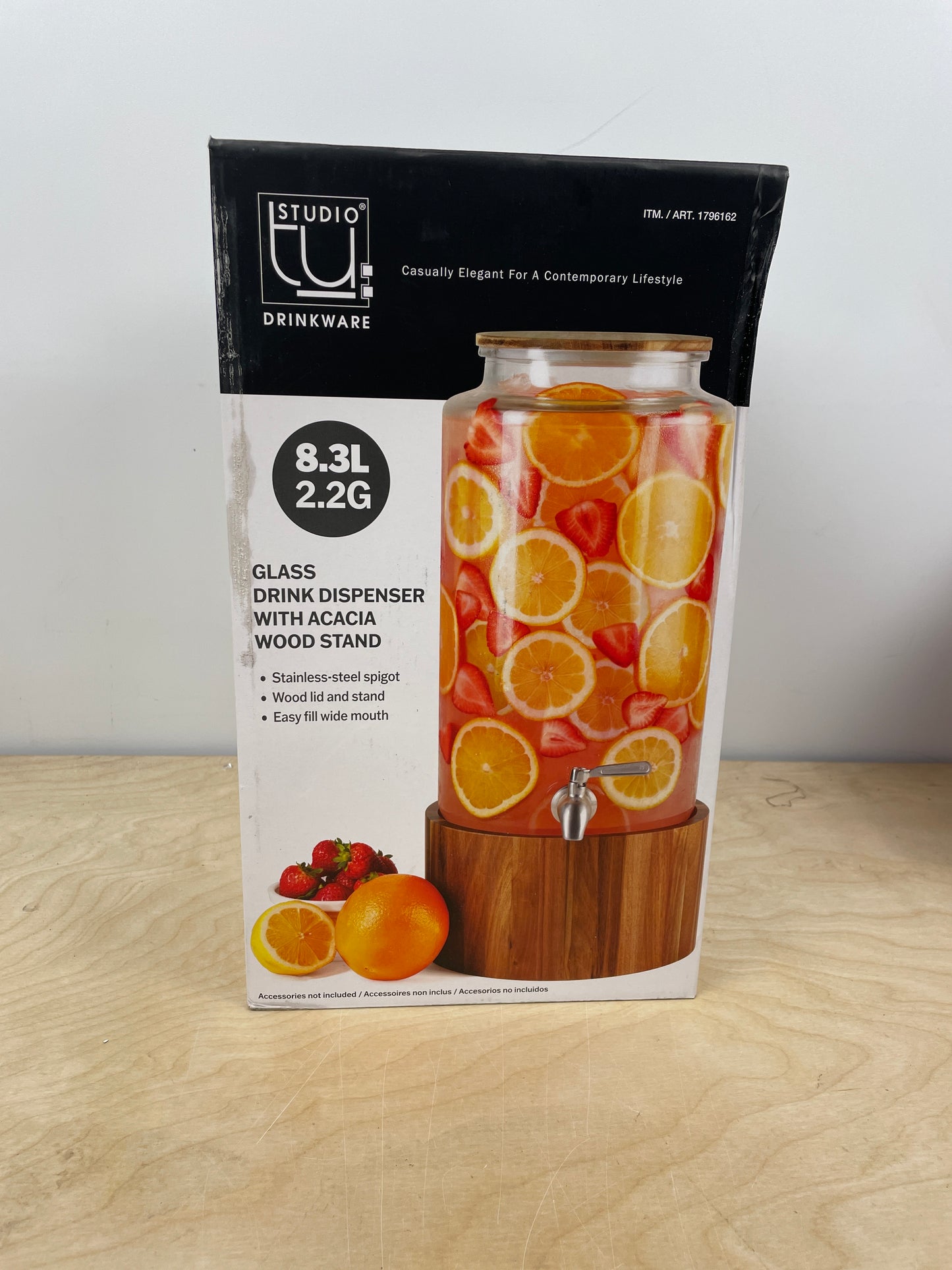 The Studio Tu Glass Drink Dispanser with acacia wood stand