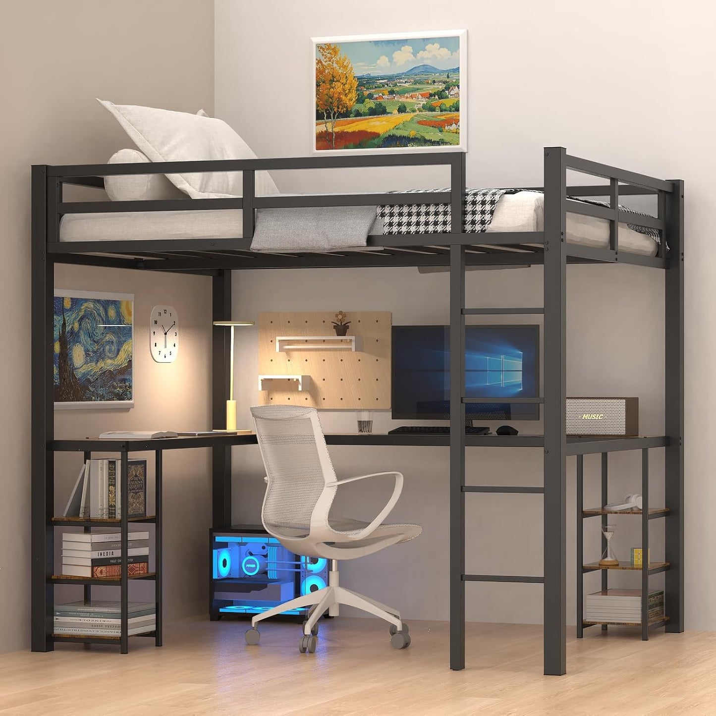 Heavy Duty Metal Full Size Loft Bed with Desk and Shelves, Loft Bed with Ladder and Guardrails, Loft Bed Frame for Bedroom, Black with Vintage Wood-Colored Desk and Open Storage Shelves
