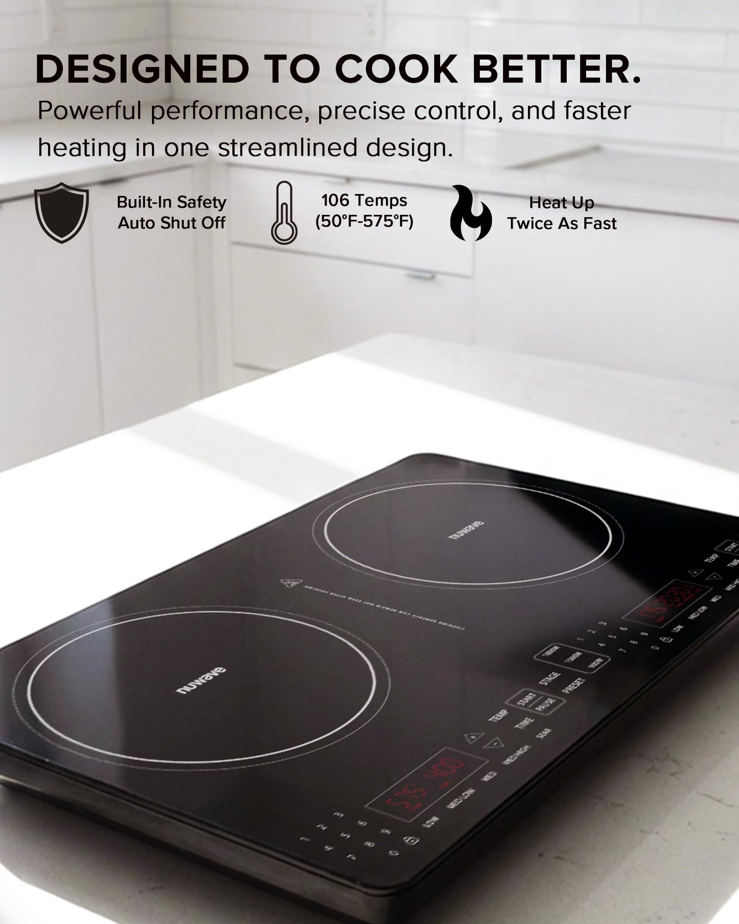 Nuwave PIC Double Portable Induction Cooktop, 900W/1500W/1800W Options, Two 8” Heating Zones, 106 Precise Temperatures from 50°F–575°F in 5°F Increments, Shatter-Resistant Ceramic Glass