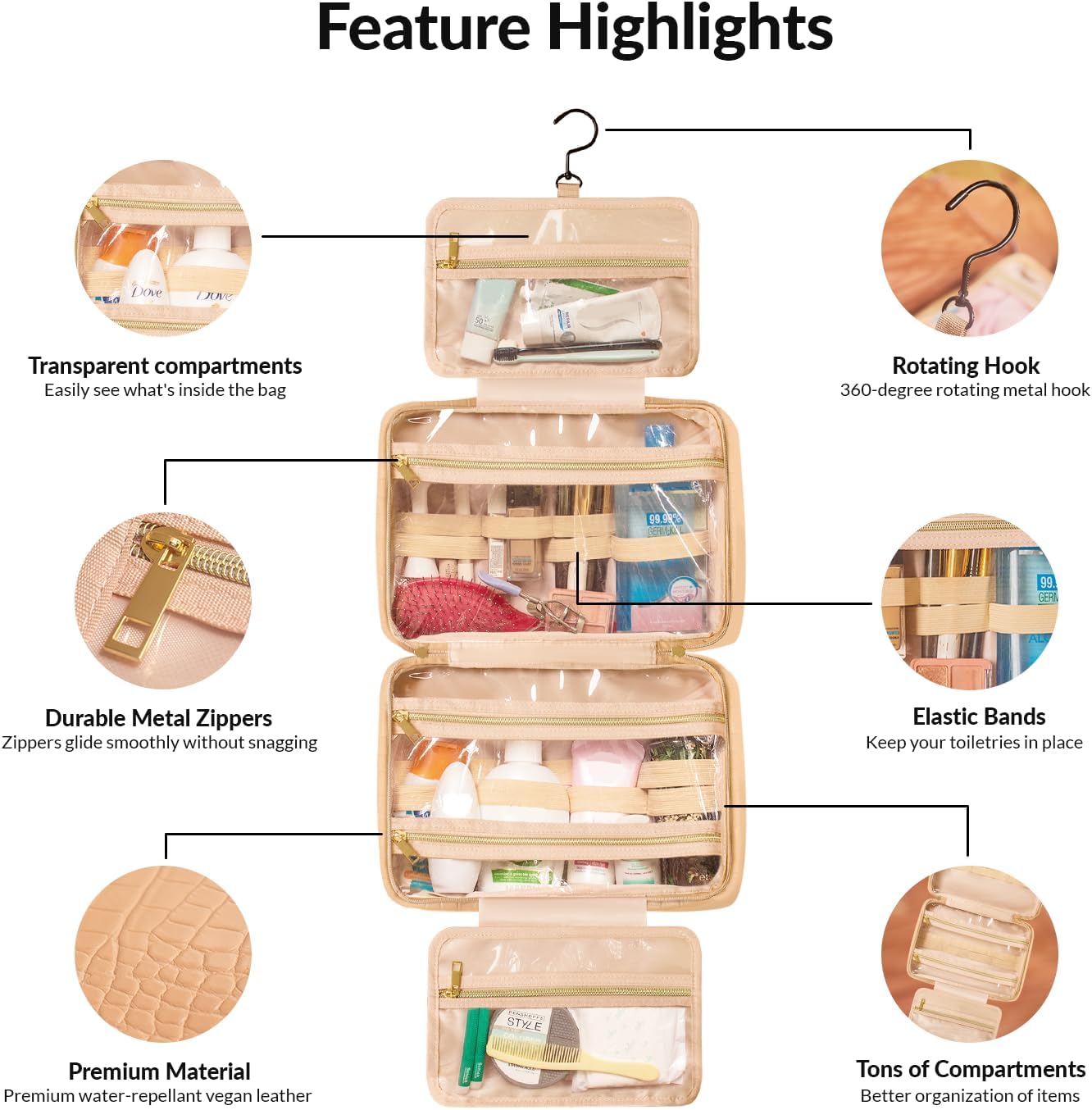 Dot&Dot Spacious Leather Toiletry Bathroom Bag - Hanging Travel Toiletry Bag for Women