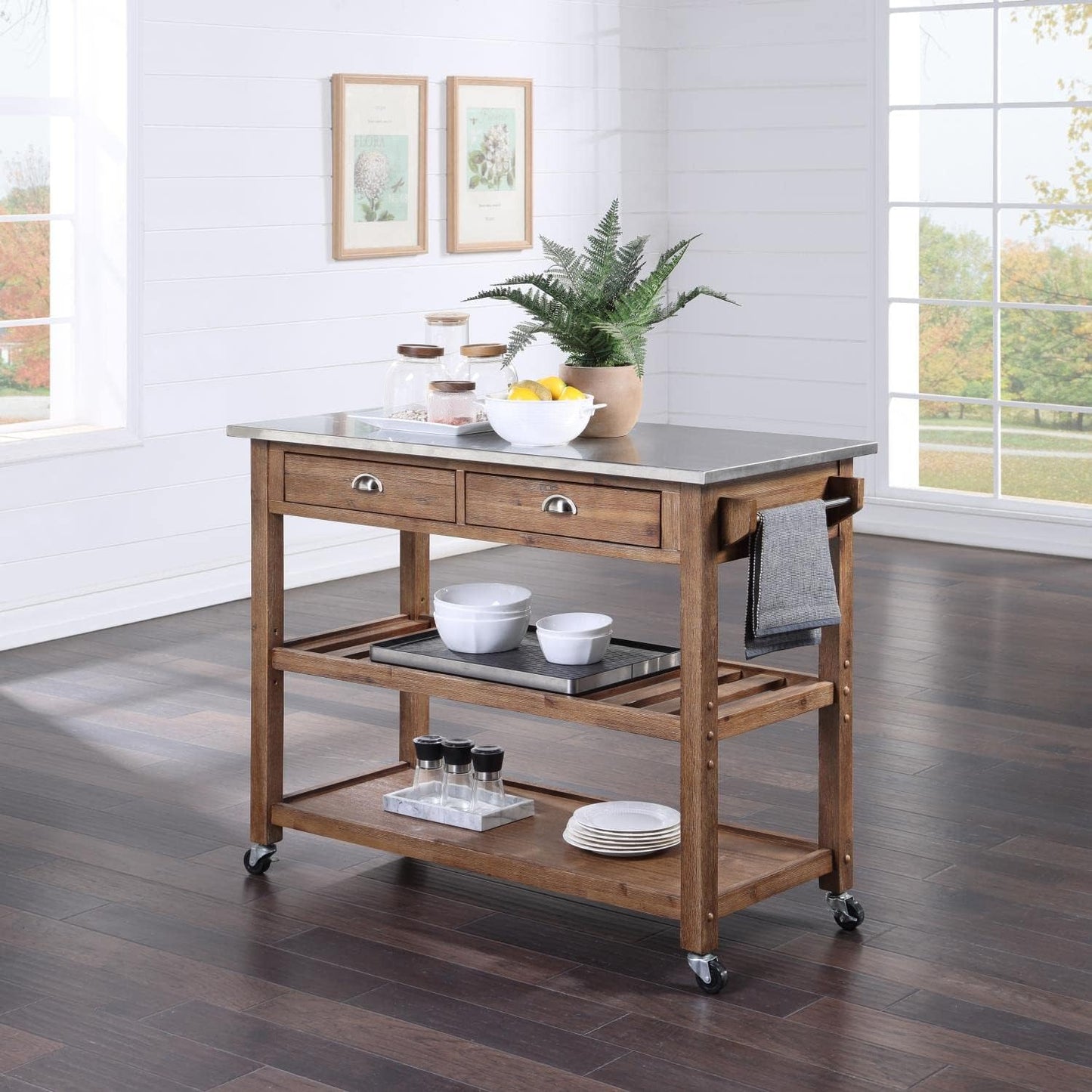 NEW - Boraam Sonoma Kitchen Cart, Barnwood Wire-Brush - Retail $245