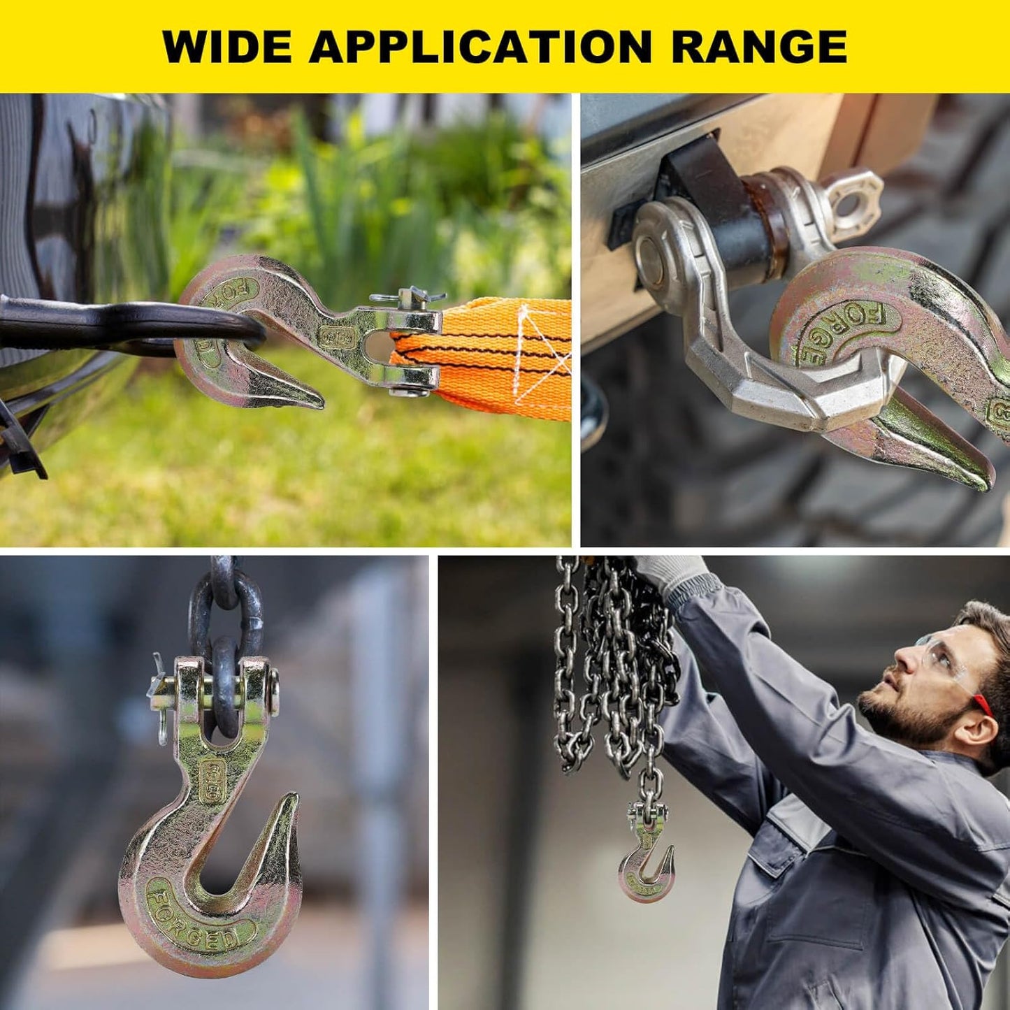 G70 3/8 Chain Hook Heavy Duty Clevis Grab Hook for 3/8 Inch Grade 70 Chain - for Trailer Truck Transport Yellow Chromate Finish (4Pack)