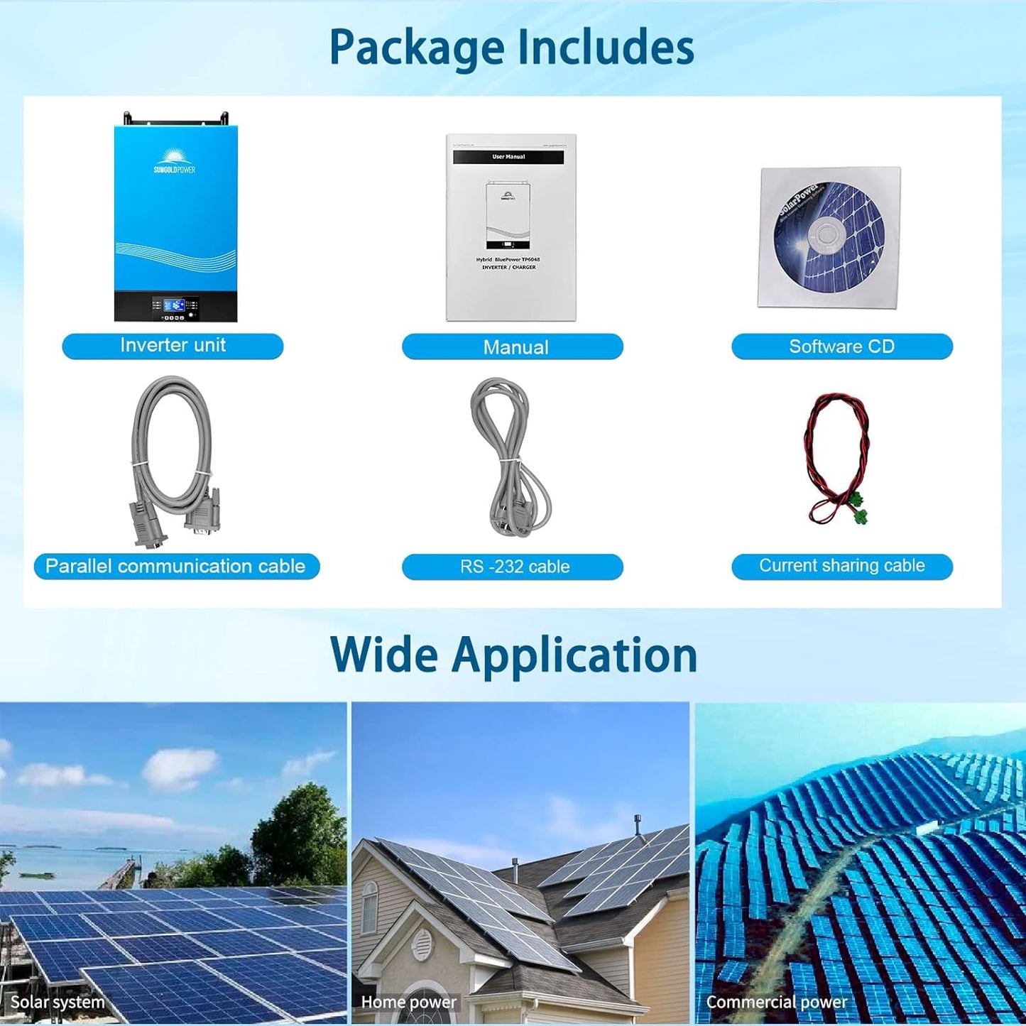 NEW - SUNGOLDPOWER 6000W 48Vdc Hybrid Solar Inverter Input 240V Output 120/240V Split Phase Pure Sine Wave Inverter MPPT 120A Solar Charger and 120A AC Charger (Grid Feedback & Batteryless) BluePower TP6048 - Retail $1365