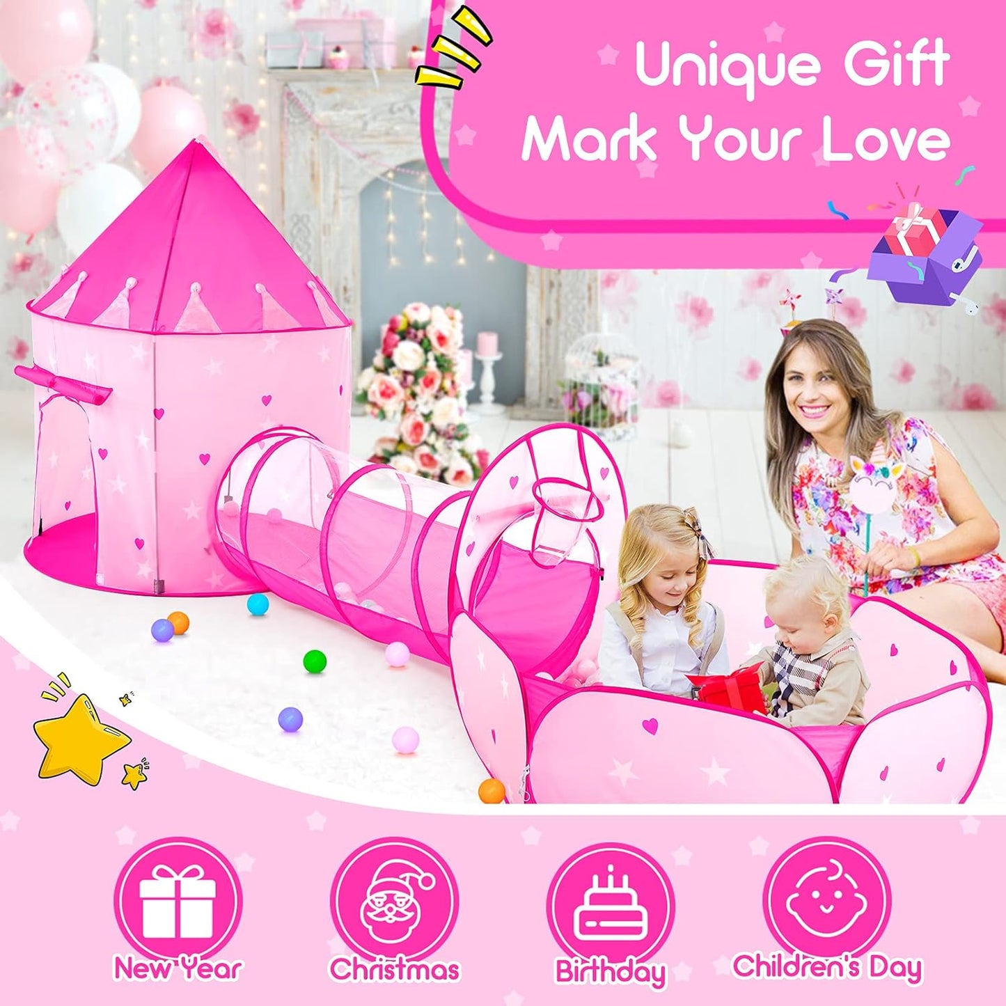 PigPigPen 3pc Kids Play Tent for Girls with Ball Pit, Crawl Tunnel, Princess Tents for Toddlers, Baby Space World Playhouse Toys, Boys Indoor& Outdoor Play House, Perfect Kid’s Gifts