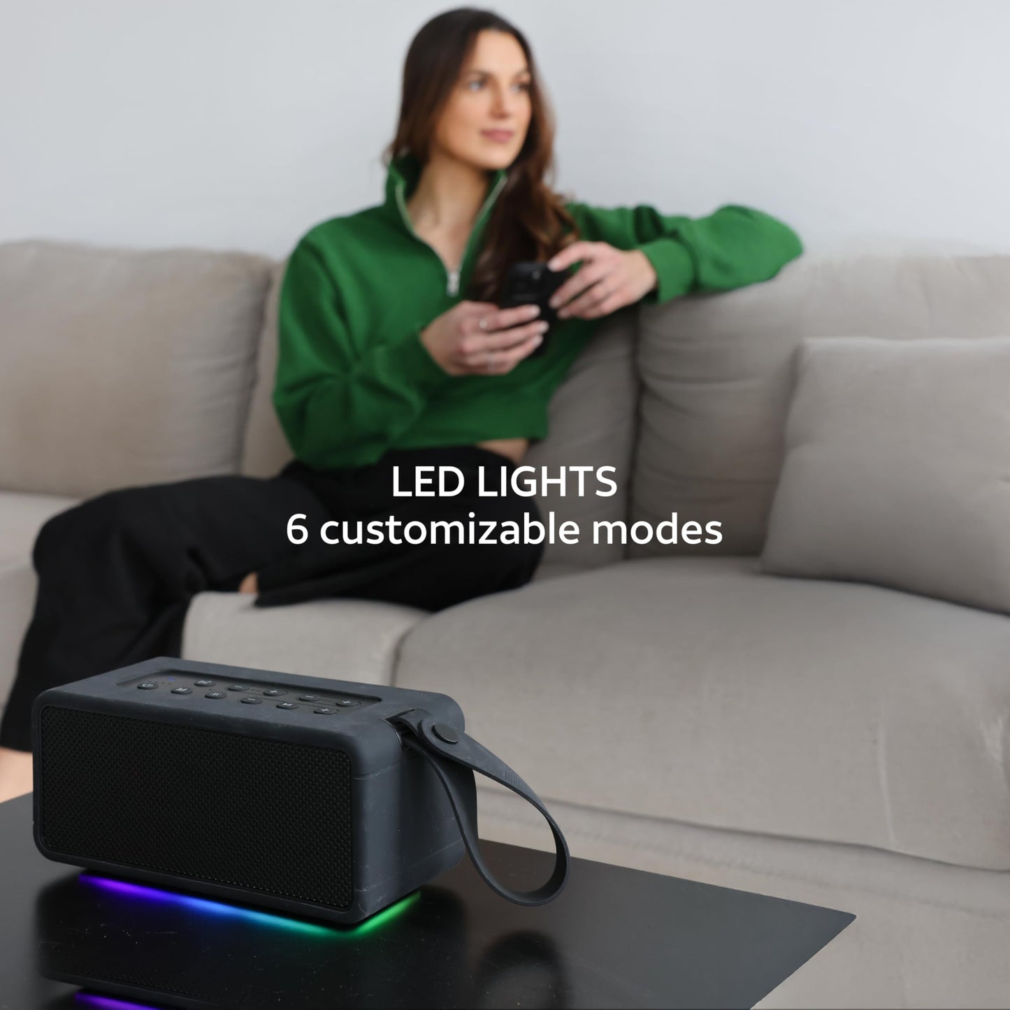 AT&T Essentials Retro 80W Bluetooth Speaker, IPX6 Waterproof, Bluetooth 5.3, LED Light Modes, Bass & Treble Control, 12H Battery, USB-C Charging, Outdoor & Indoor Use, Home Audio System - Black