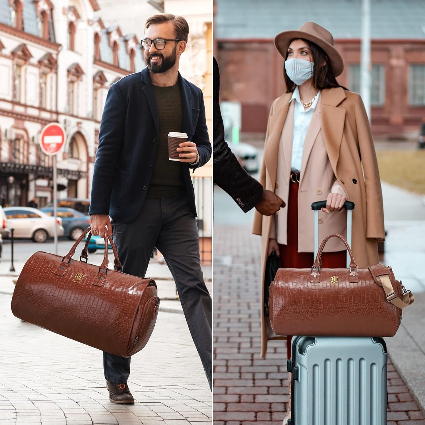 Modoker 2-in-1 Convertible Leather Garment Bag,Waterproof Carry On Garment Duffel for Business Travel,Hanging Suitcase with Shoulder Strap,Luggage for Men & Women, Light Brown