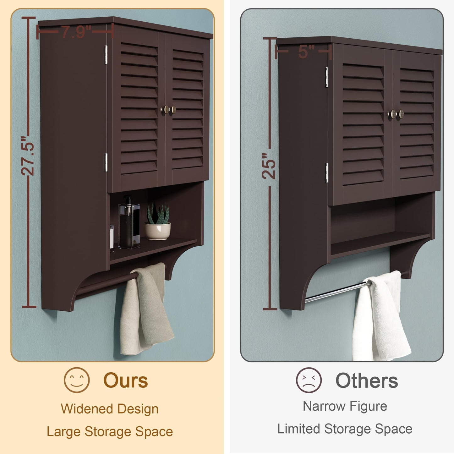 ChooChoo Bathroom Wall Cabinet with Towels Bar, 23.6" L x8.9 W x29.3 H MDF Material Medicine Cabinet, 2 Doors Over The Toilet Space Saver Storage Cabinet with Large Space, Espresso