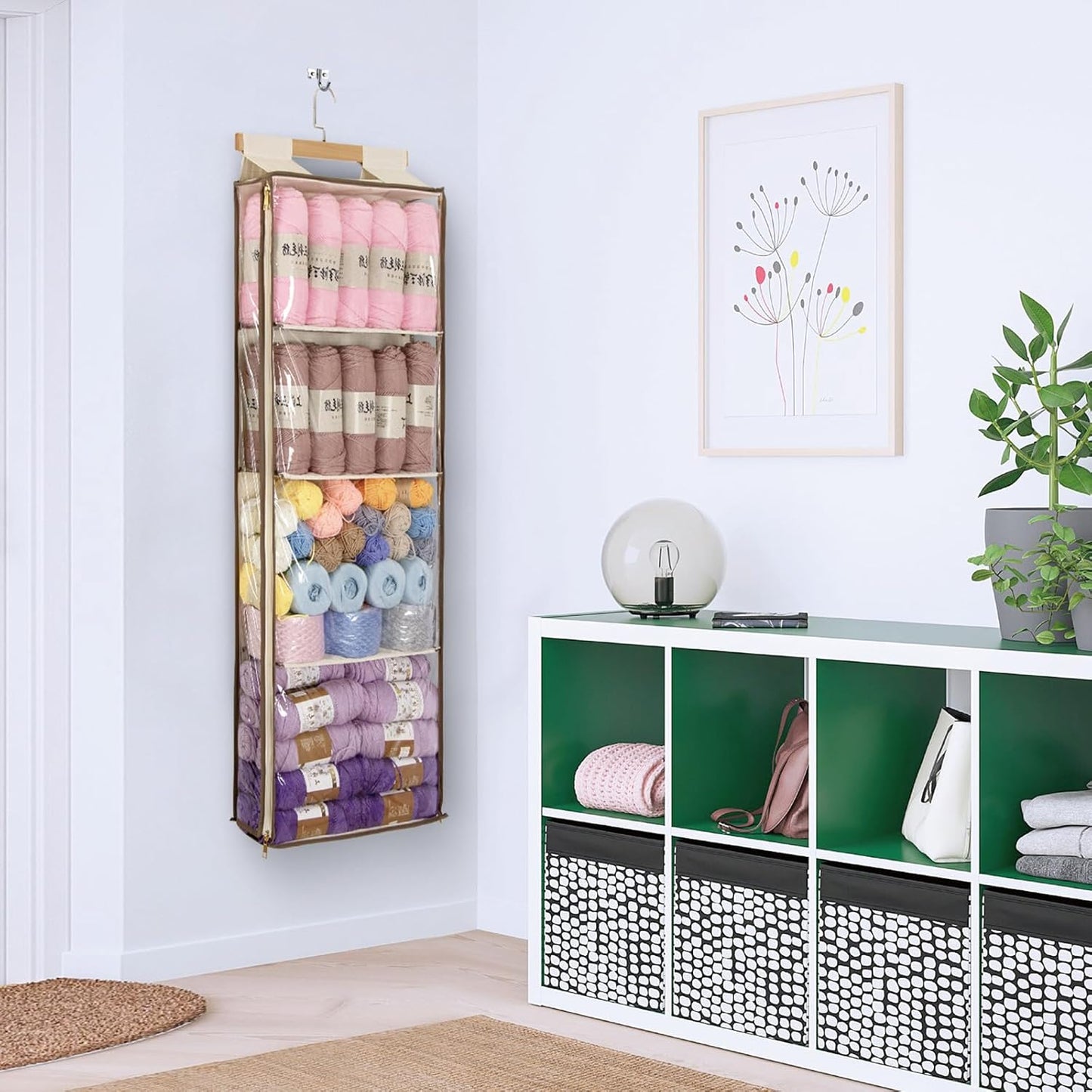 Hanging Yarn Storage with 4 Large Pockets, Clear Knitting Organizer Storage with Zippers for Crochet Lovers, Hanging Yarn Holder with Over-Door Hooks for Knitting Needles Crochet Hooks