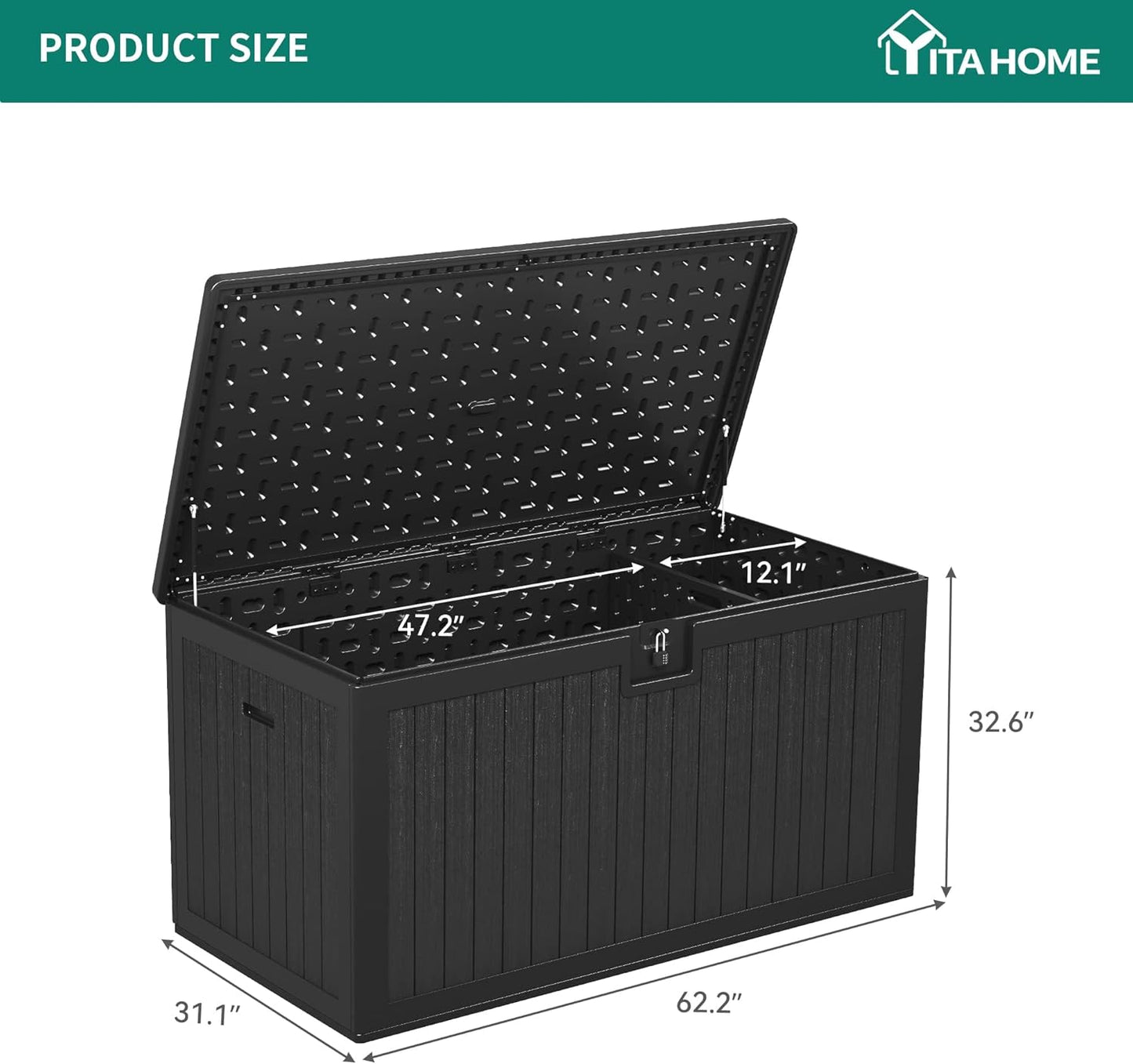 YITAHOME XXL 230 Gallon Large Deck Box,Outdoor Storage for Patio Furniture Cushions,Garden Tools with Flexible Divider,Waterproof,Lockable (Black) - Retail $349