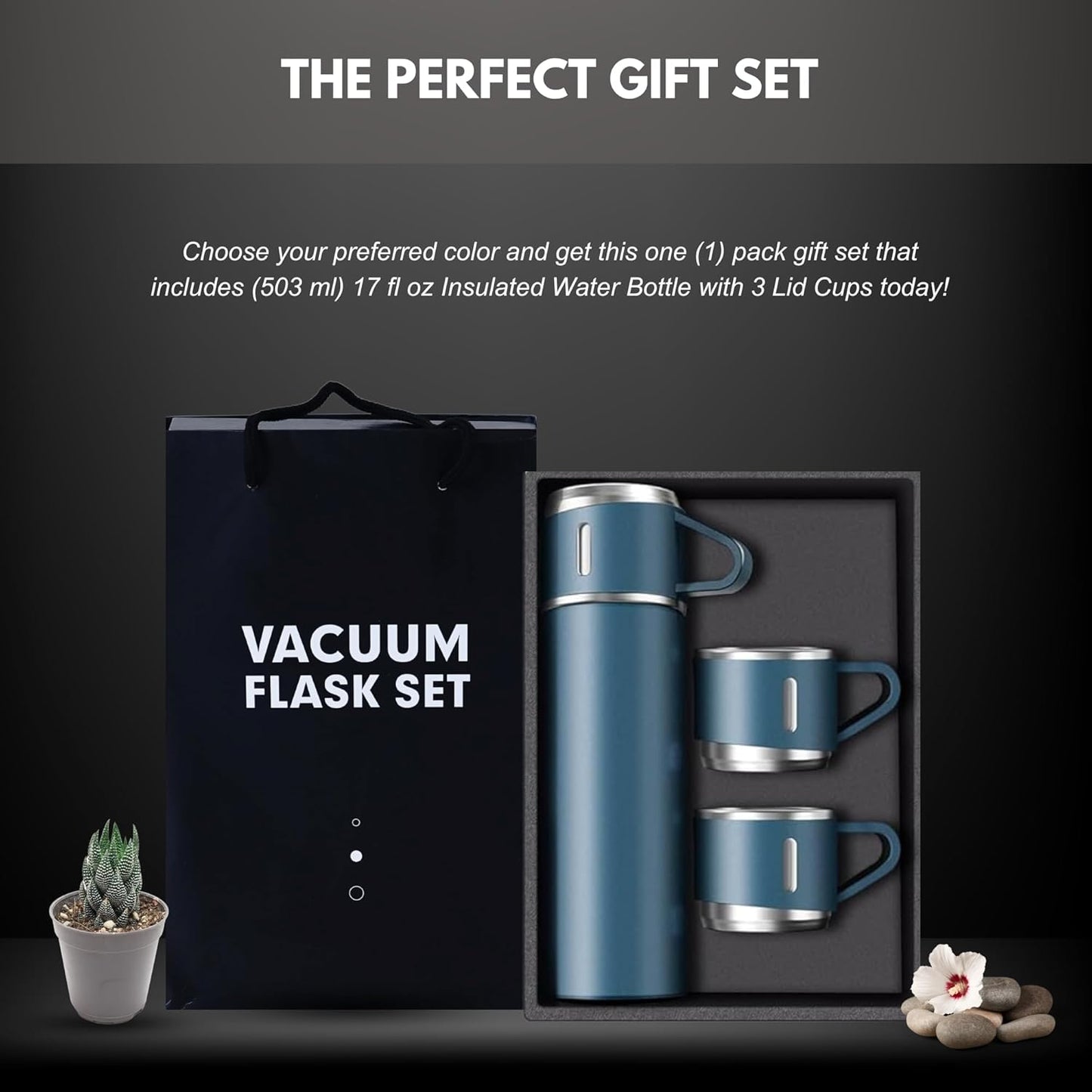 Blue Vacuum Flask Set - Insulated Water Bottle w/ 3 Cups Gift Set - Thermos Water Bottle for Hot and Cold Drinks - Reusable Stainless Steel Water Bottles for Indoor and Outdoor Activities (17 Fl Oz)