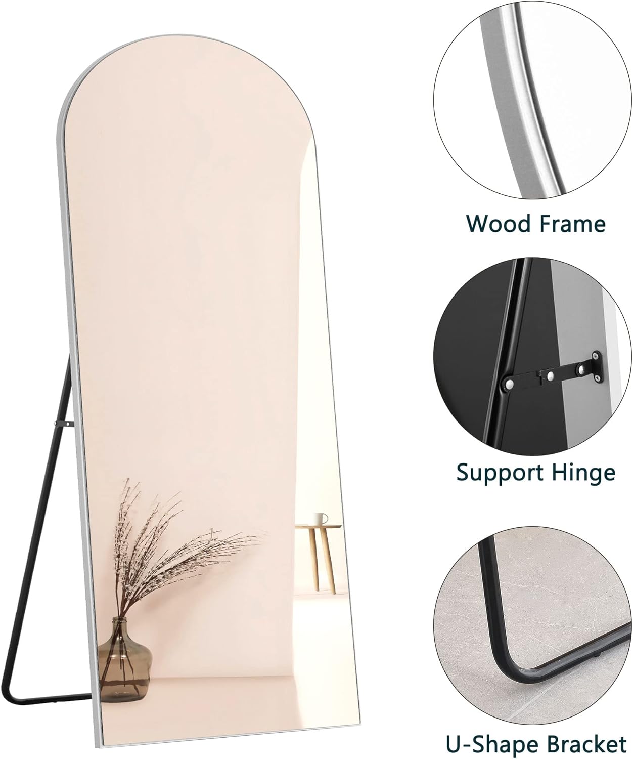 NeuType Arched Full Length Mirror, 65"x22"Full Body Mirror, Wooden Thin Frame, Hanging or Leaning Against Wall, Oversized Large Bedroom Mirror, Floor Mirror, Dressing Mirror, Silver