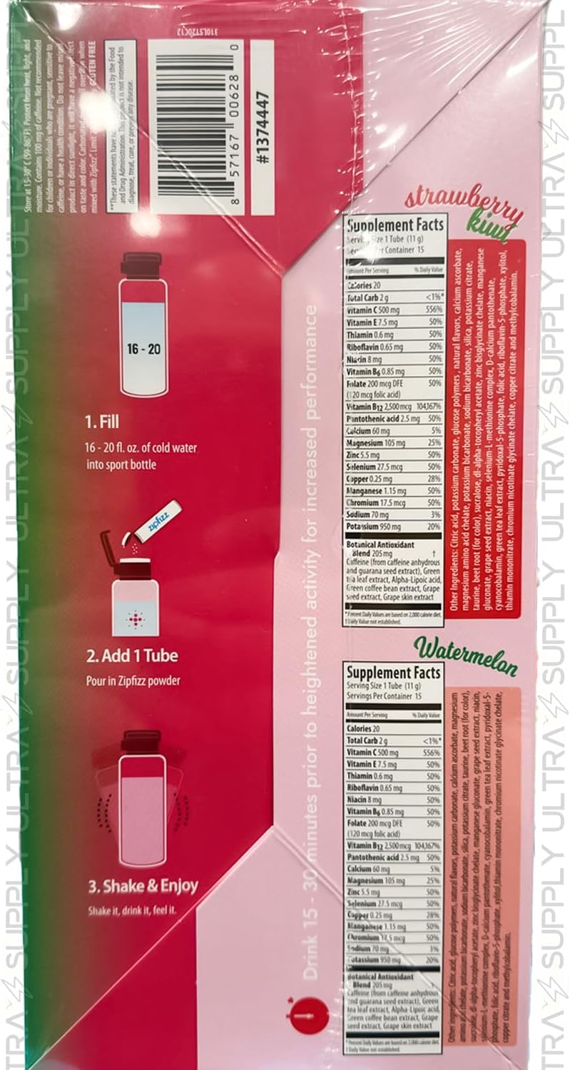 Zipfizz Vitamin Energy Hydration Drink Mix, Strawberry Kiwi & Watermelon Flavors, 30 Count (Split Box)