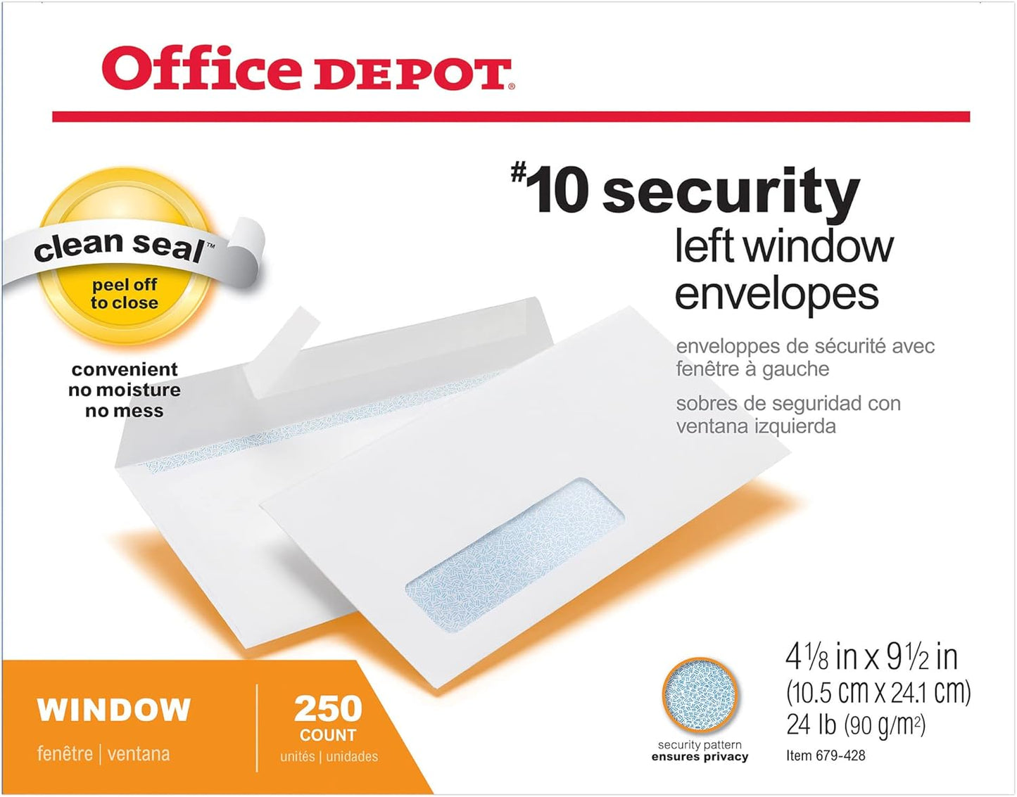 Office Depot Clean Seal(TM) Security Window Envelopes, #10 (4 1/8in. x 9 1/2in.), White, Pack Of 250