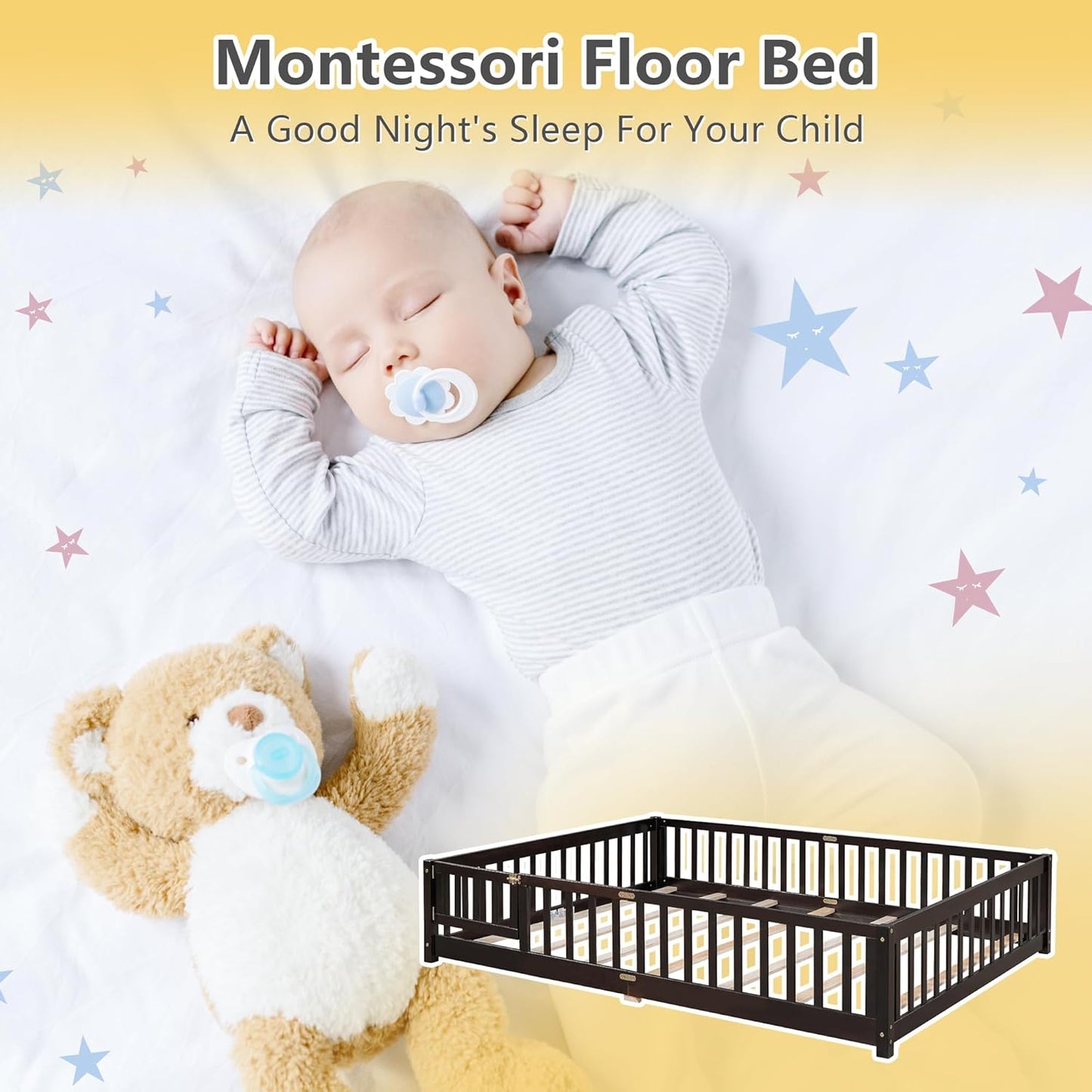 NEW - Dolonm QUEEN Size Montessori Bed, Toddler Floor Bed for Kids, Floor Platform Bed with Fence Guardrails and Door, Montessori Floor Bed Frame, Wooden Floor Bed Toddler, Espresso