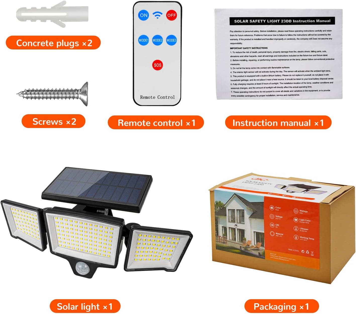 JJC Solar Motion Lights Outdoor Waterproof - 2500LM 3 Heads 270° Wide Angle Flood Lights with Motion Sensor, IP65 Waterproof Security Lighting, 3 Modes for Yard/Garage