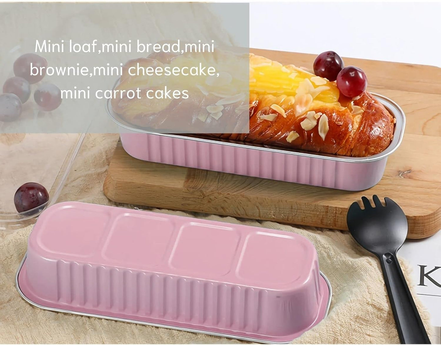 Mini Loaf Baking Pans with Lids and Spoons (50 Pack, 6.8oz) Rectangle Aluminum Foil Baking Pans Tins Containers - Cupcake Containers Wrappers Cheesecake Creme Brulee Ramekins
