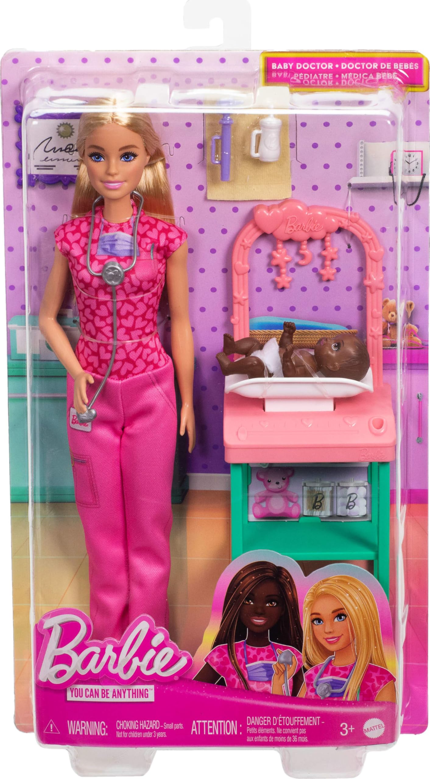 Barbie Baby Doctor Playset with Blonde Fashion Doll Wearing Pink Scrubs, Baby Doll, Furniture & Accessories