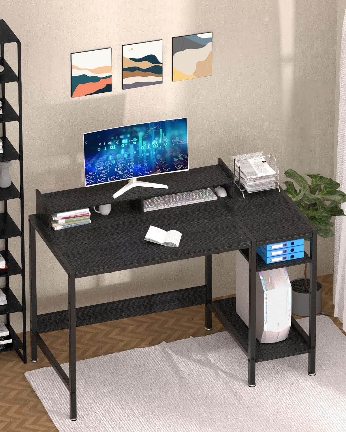 Computer Desk - 47” Gaming Desk, Home Office Desk with Storage, Small Table with Monitor Stand, Storage Space-Savor, Modern Table, Black